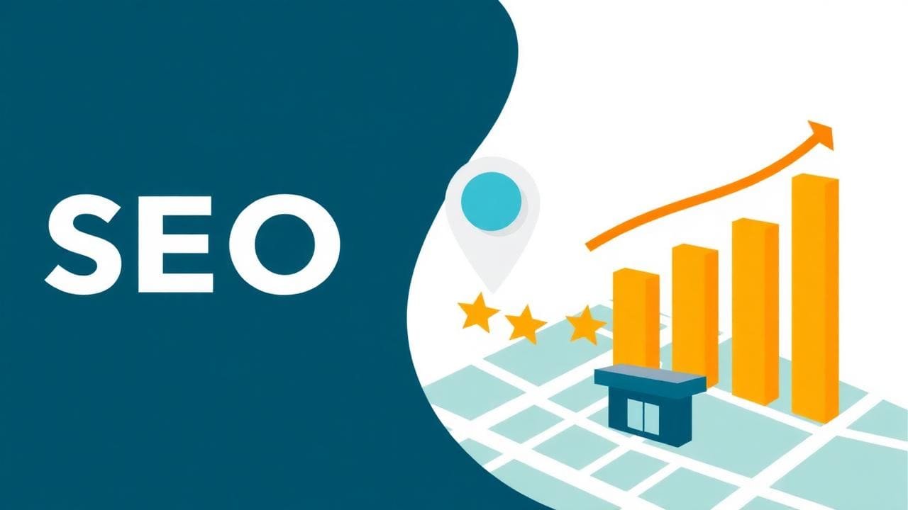 Illustration of local search optimisation with a map pin, storefront and rising rankings