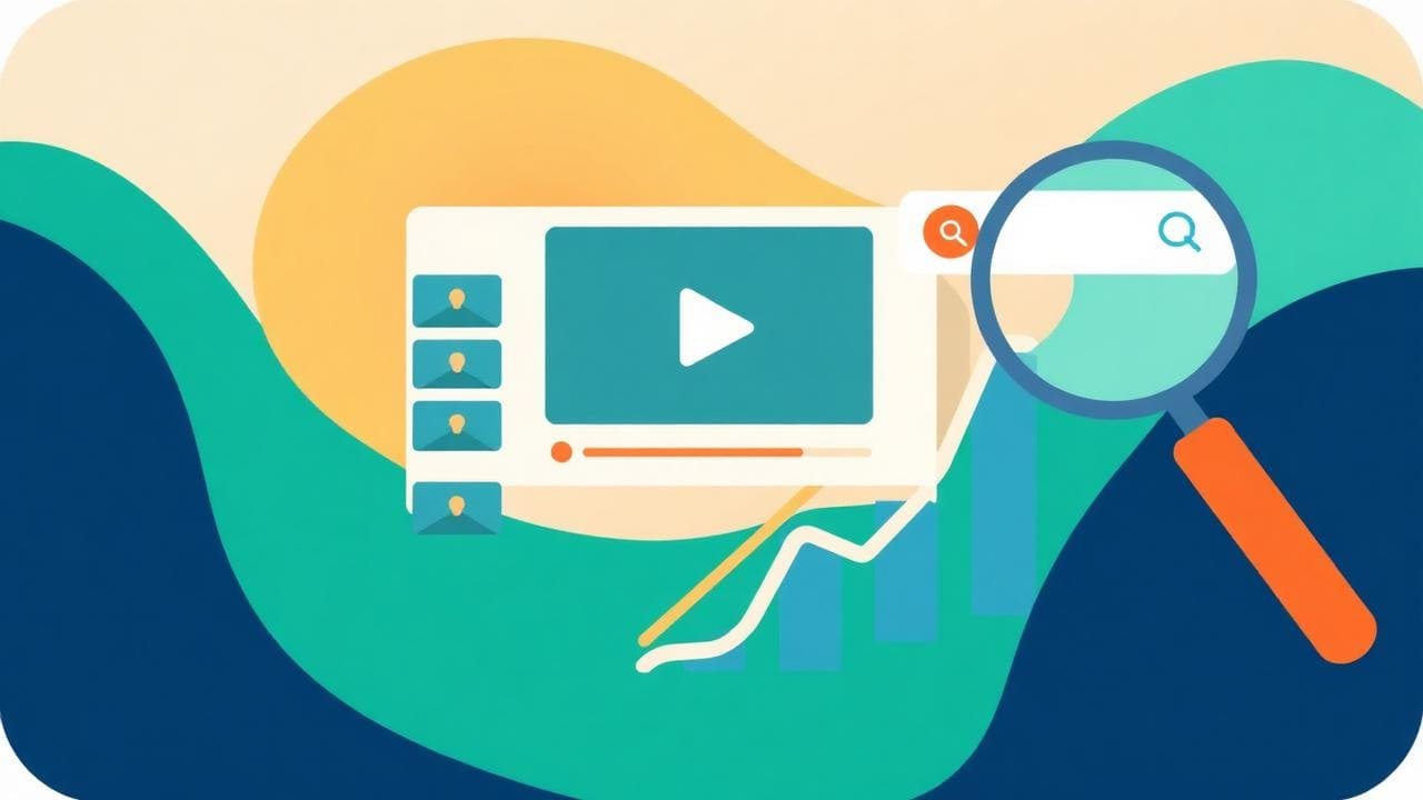 Illustration of YouTube optimisation with a video player, search results and view metrics