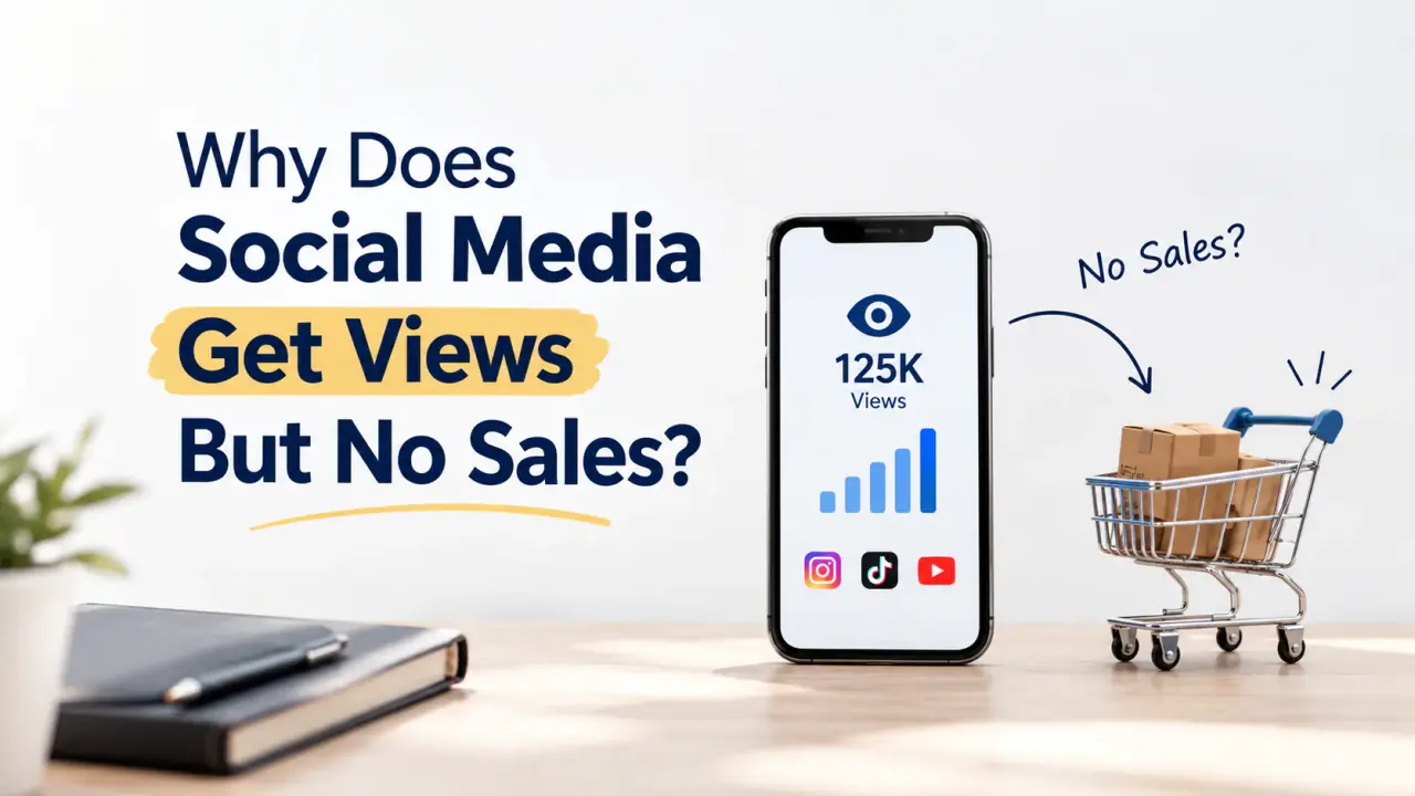 Illustration of social media posts getting views and likes but no sales or enquiries